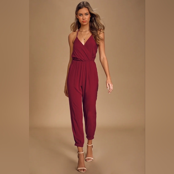 Lulus Pants - Lulus Learning To Fly Burgundy Halter Jumpsuit